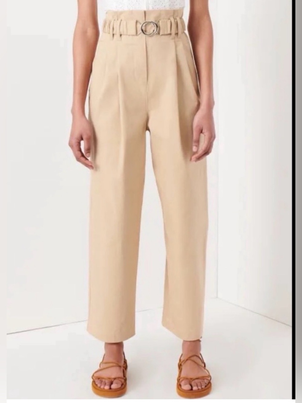 Derek Lam Crosby Atto Belted Paperbag Pants Khaki Beige High Waist Cotton Sz 00
